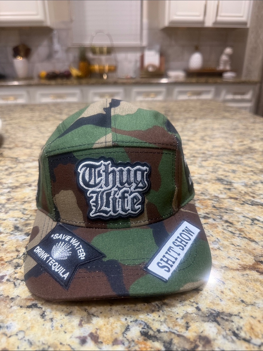 Camouflage Patch Cap with 'Thug Life' Embroidery - Green Camo